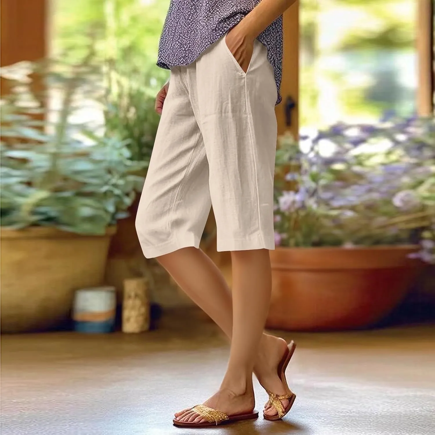 Summer Shorts for Women Elastic High Waisted Linen Pedal Pushers with Pockets Business Casual Cropped Work Pants