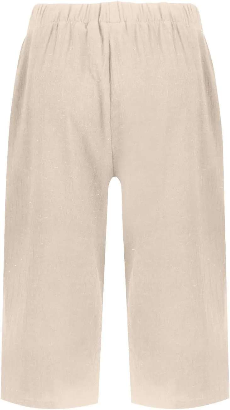 Summer Shorts for Women Elastic High Waisted Linen Pedal Pushers with Pockets Business Casual Cropped Work Pants