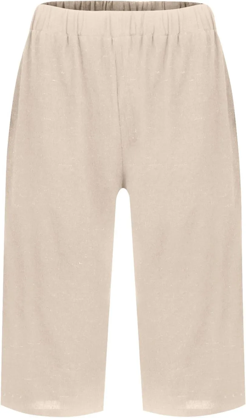 Summer Shorts for Women Elastic High Waisted Linen Pedal Pushers with Pockets Business Casual Cropped Work Pants