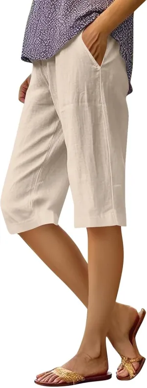 Summer Shorts for Women Elastic High Waisted Linen Pedal Pushers with Pockets Business Casual Cropped Work Pants