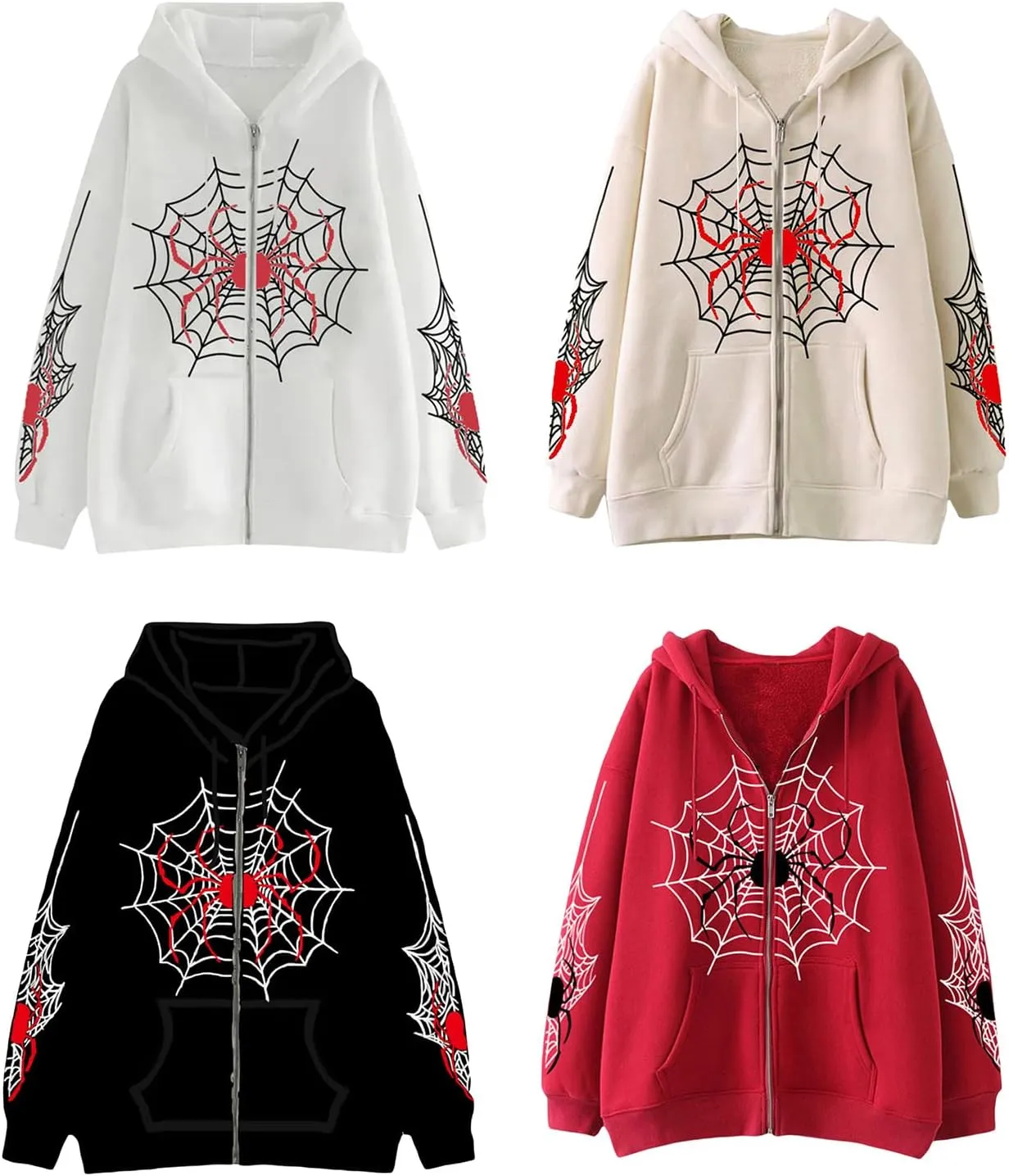 Sunwittafy Womens Full Zip Up Hoodie Y2k Spider Web Oversized Sweatshirt Long Sleeve Punk Jacket Vintage Harajuku Streetwear