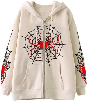 Sunwittafy Womens Full Zip Up Hoodie Y2k Spider Web Oversized Sweatshirt Long Sleeve Punk Jacket Vintage Harajuku Streetwear
