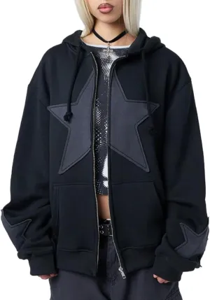 Sunwittafy Y2k Zip Up Hoodie for Women Men Star Graphic Oversized Sweatshirt Aesthetic Punk Jacket Vintage Streetwear