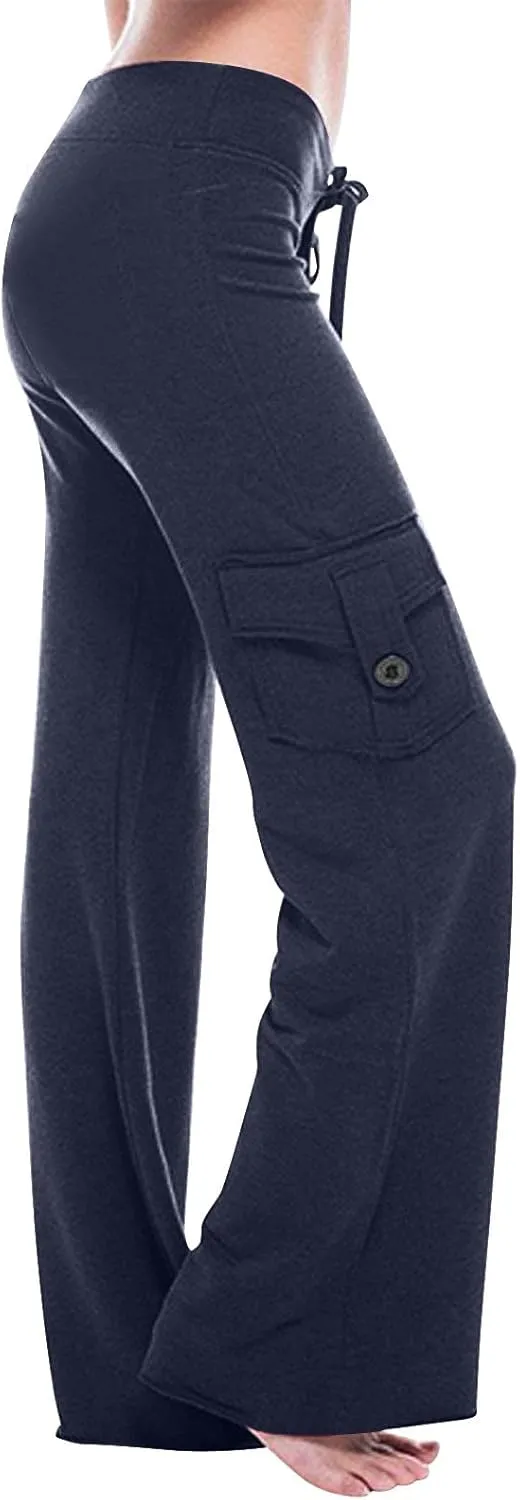 Sweatpants Women Workout Leggings Stretch High Waist Casual Cargo Pants Button Pockets Yoga Gym Loose Fit Trousers