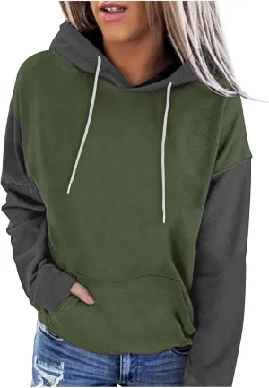 Sweatshirts for Women Oversized Drawstring Color Block Hoodies Spring Trendy Long Sleeve Pullover Tops with Pocket