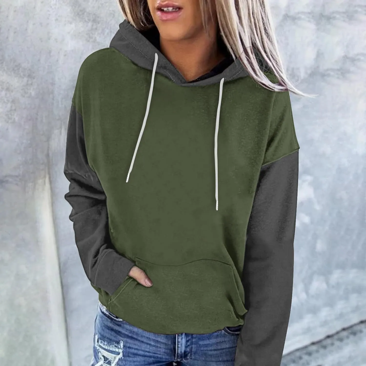 Sweatshirts for Women Oversized Drawstring Color Block Hoodies Spring Trendy Long Sleeve Pullover Tops with Pocket