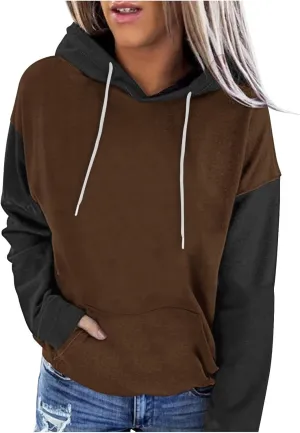 Sweatshirts for Women Oversized Drawstring Color Block Hoodies Spring Trendy Long Sleeve Pullover Tops with Pocket