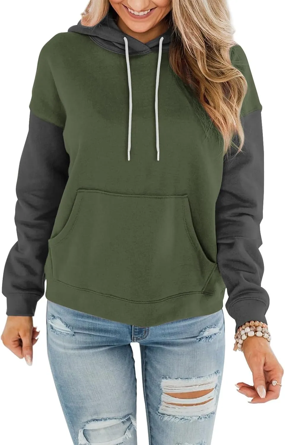 Sweatshirts for Women Oversized Drawstring Color Block Hoodies Spring Trendy Long Sleeve Pullover Tops with Pocket