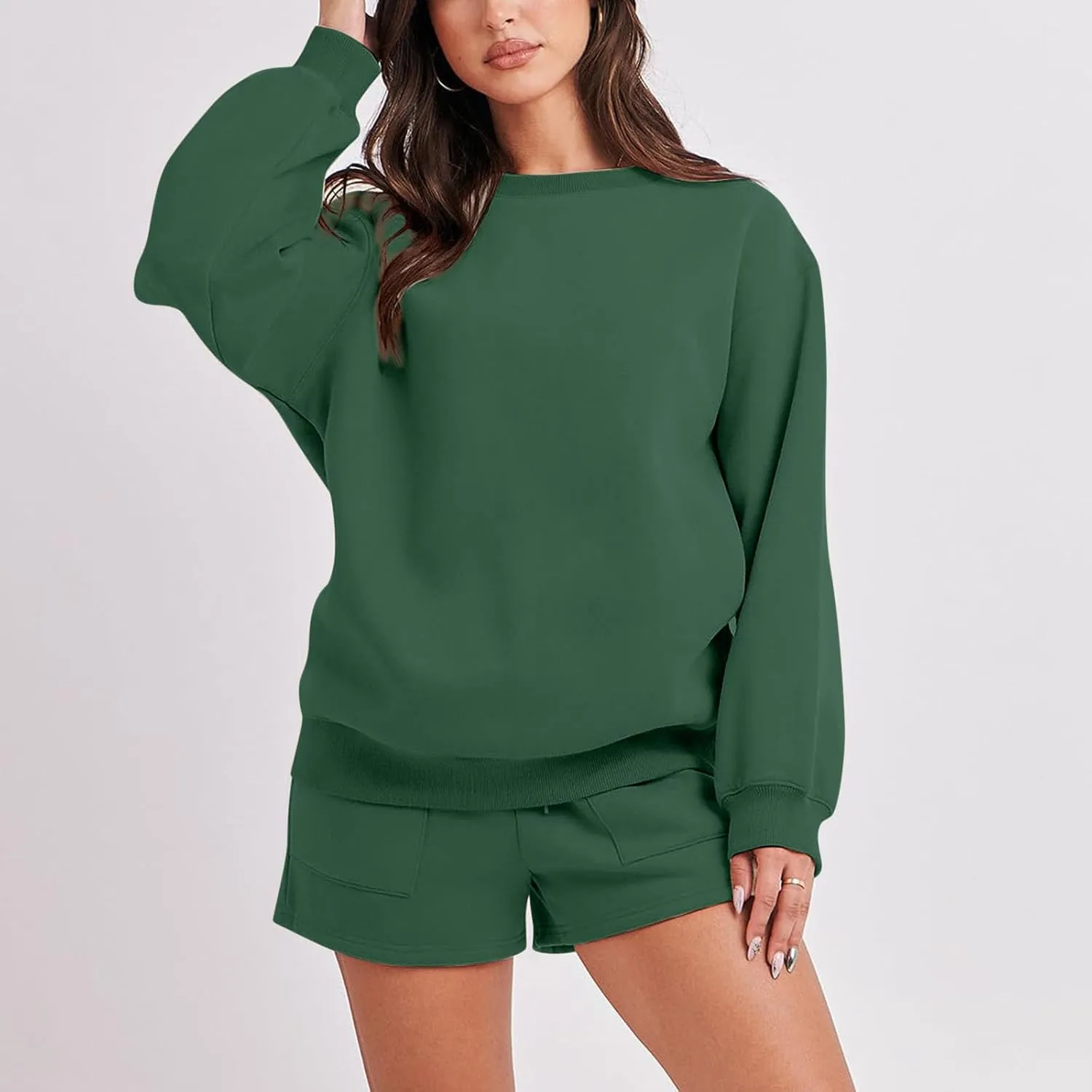 Sweatsuit For Women 2 Piece Outfits Set Oversized Long Sleeve Crewneck Sweatshirt And Lounge Shorts Matching Tracksuit