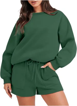 Sweatsuit For Women 2 Piece Outfits Set Oversized Long Sleeve Crewneck Sweatshirt And Lounge Shorts Matching Tracksuit