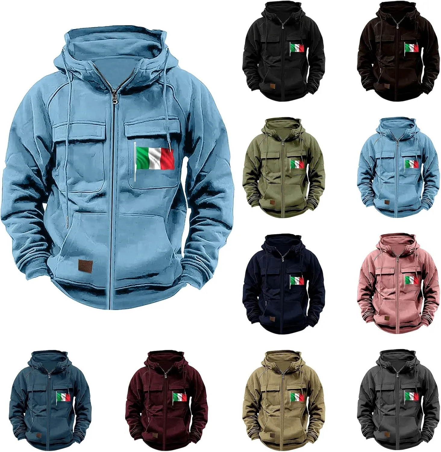 Tactical Sweatshirts Men Hoodies Full Zip Flag Graphic Workout Cargo Pullover Sport Outdoor Winter Jacket with Pockets