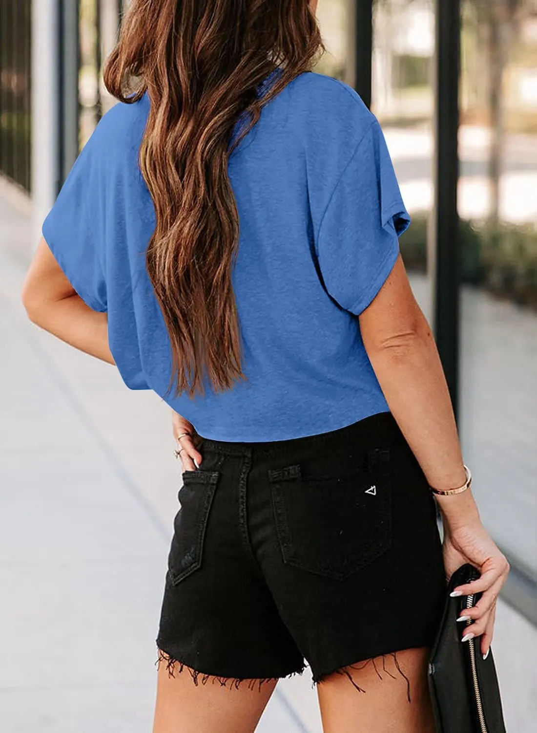 Tankaneo Women Short Sleeve Cropped T-Shirts Crew Neck Loose Crop Tops Summer Casual Drop Shoulder Basic Tees