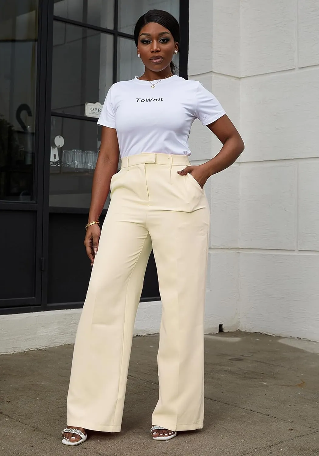 Tbahhir Women's Wide Leg Pants Business Casual High Waisted Trousers Dressy Work Pant with Pockets Office Wear