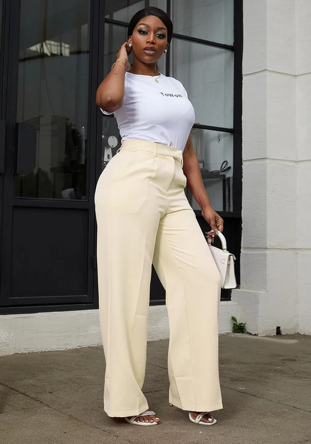 Tbahhir Women's Wide Leg Pants Business Casual High Waisted Trousers Dressy Work Pant with Pockets Office Wear