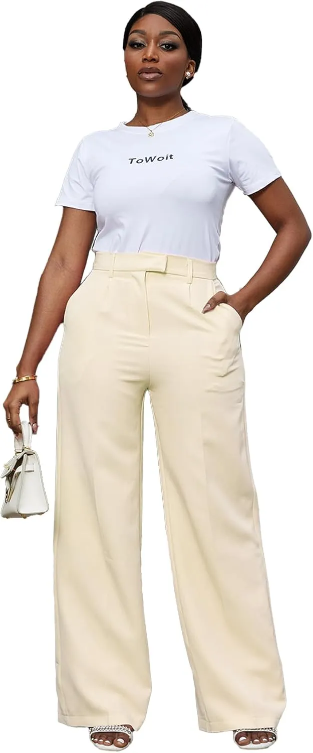 Tbahhir Women's Wide Leg Pants Business Casual High Waisted Trousers Dressy Work Pant with Pockets Office Wear