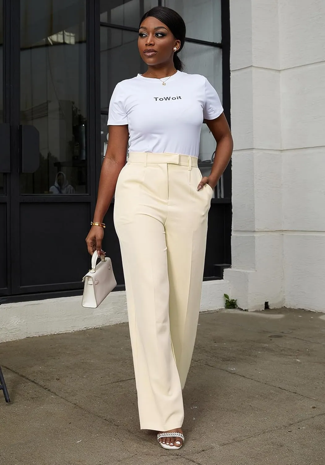 Tbahhir Women's Wide Leg Pants Business Casual High Waisted Trousers Dressy Work Pant with Pockets Office Wear