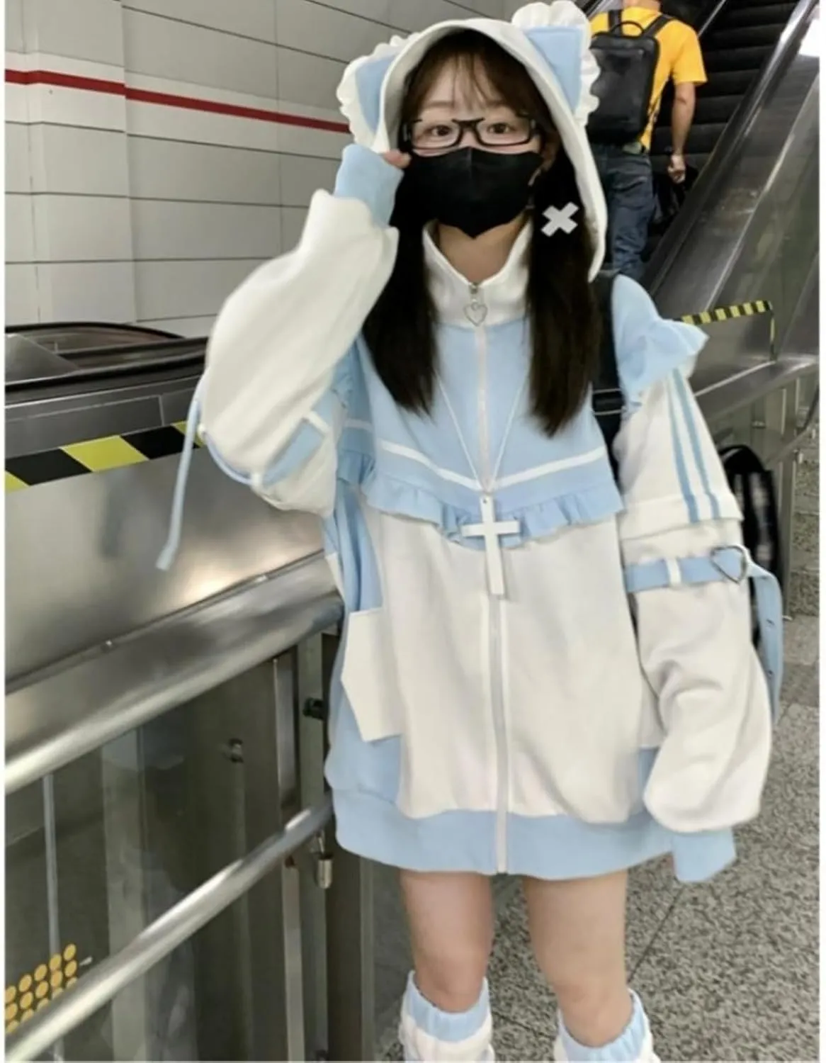 Tenshi Kawaii Hoodies Jirai Kei Fashion Cute Cat Ears Clothes Oversized Zip Up Hoodie Gothic Top