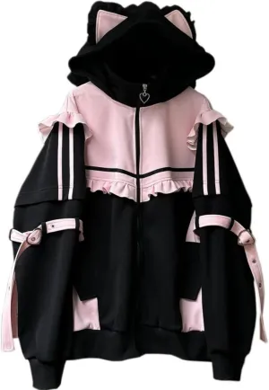 Tenshi Kawaii Hoodies Jirai Kei Fashion Cute Cat Ears Clothes Oversized Zip Up Hoodie Gothic Top