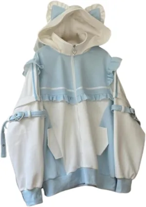 Tenshi Kawaii Hoodies Jirai Kei Fashion Cute Cat Ears Clothes Oversized Zip Up Hoodie Gothic Top