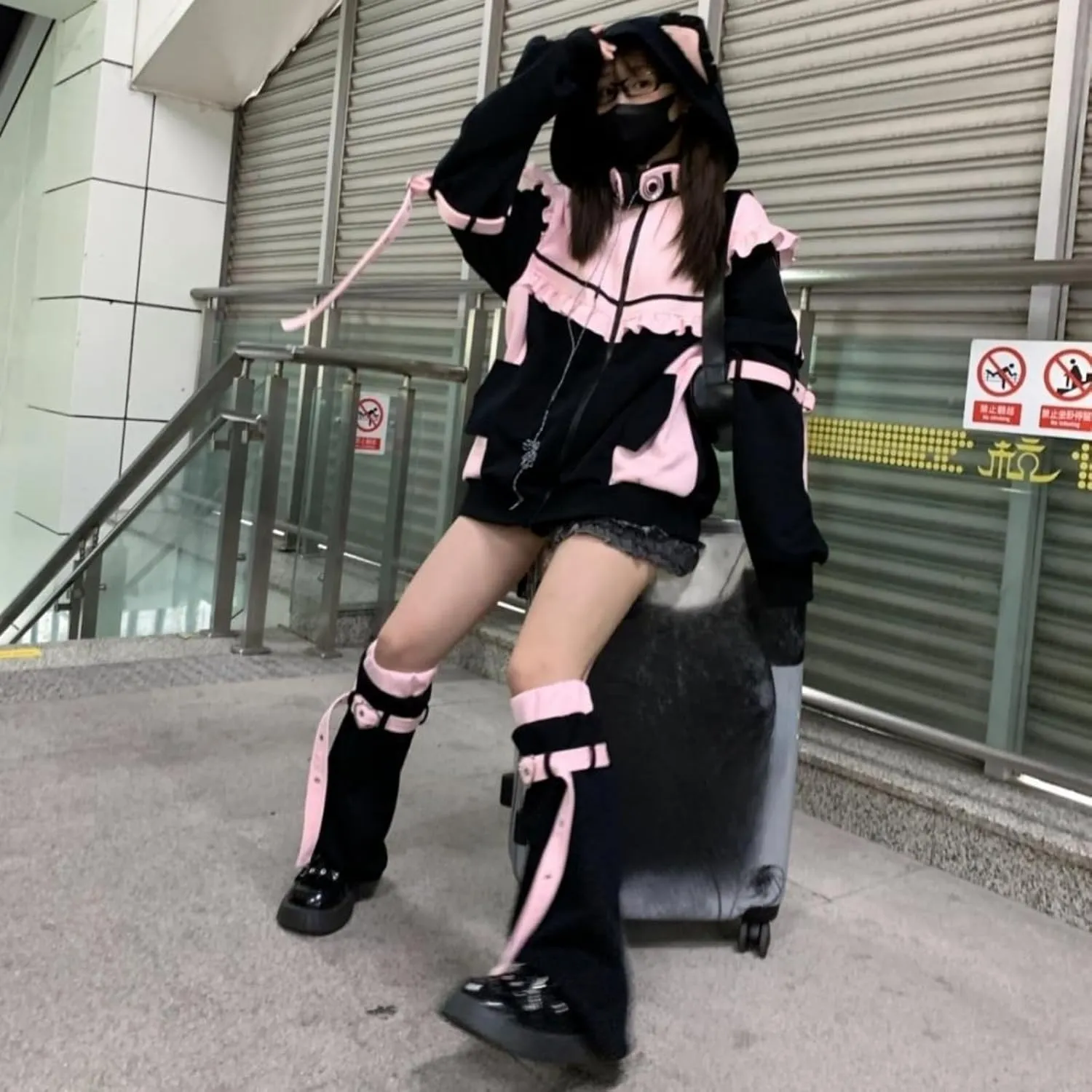 Tenshi Kawaii Hoodies Jirai Kei Fashion Cute Cat Ears Clothes Oversized Zip Up Hoodie Gothic Top