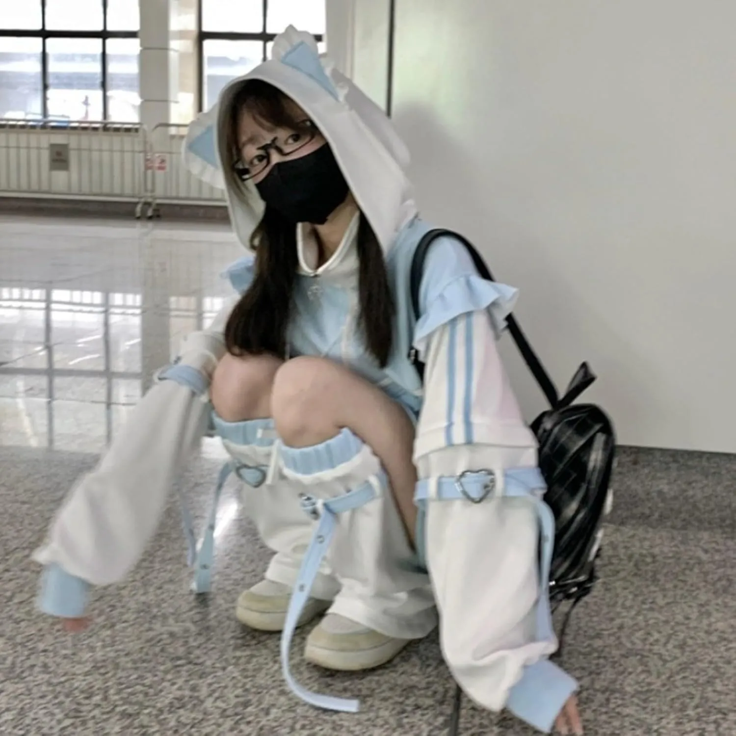 Tenshi Kawaii Hoodies Jirai Kei Fashion Cute Cat Ears Clothes Oversized Zip Up Hoodie Gothic Top