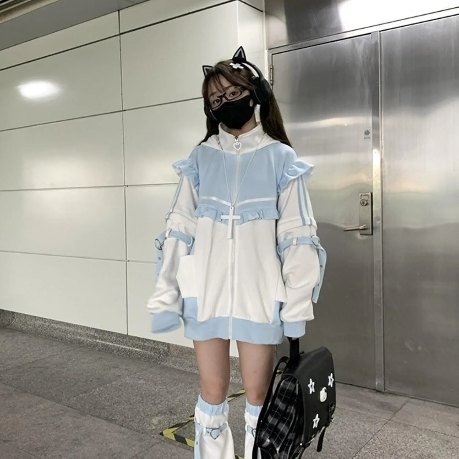 Tenshi Kawaii Hoodies Jirai Kei Fashion Cute Cat Ears Clothes Oversized Zip Up Hoodie Gothic Top