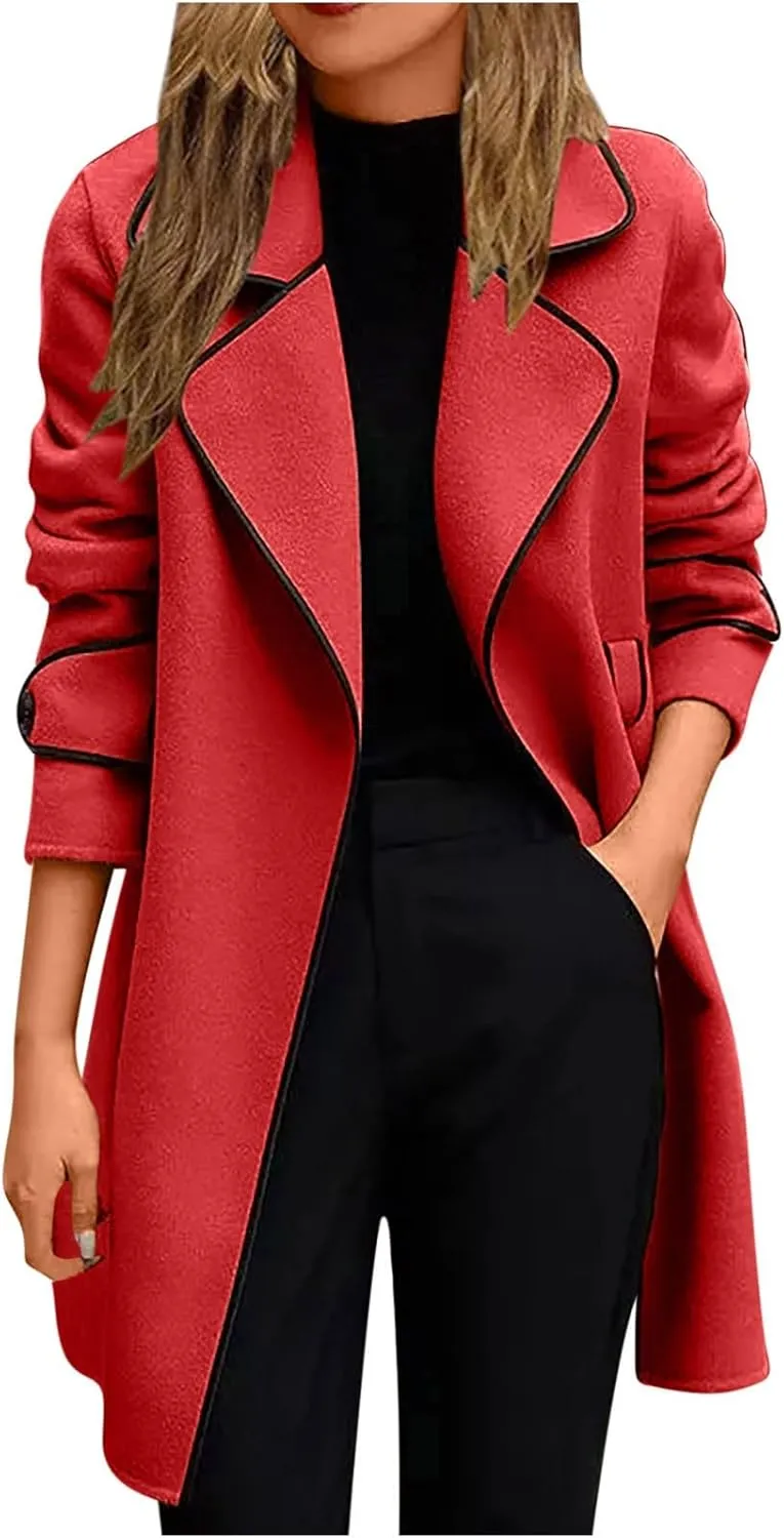 Trench Coat for Women 2023 Fashion Wool Blend Long Sleeve Lapel Open Front Overcoat with Pocket Coats Jackets