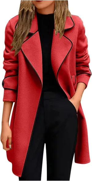 Trench Coat for Women 2023 Fashion Wool Blend Long Sleeve Lapel Open Front Overcoat with Pocket Coats Jackets