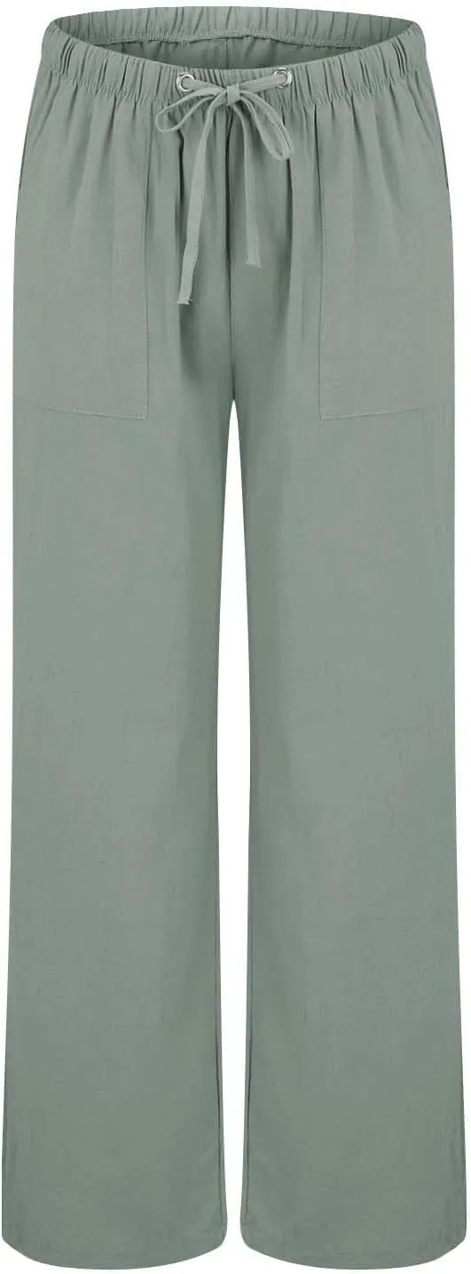 Trendy Outfits for Women 2025 Summer High Waisted Cotton Linen Palazzo Wide Leg Long Lounge Pant Trousers with Pockets