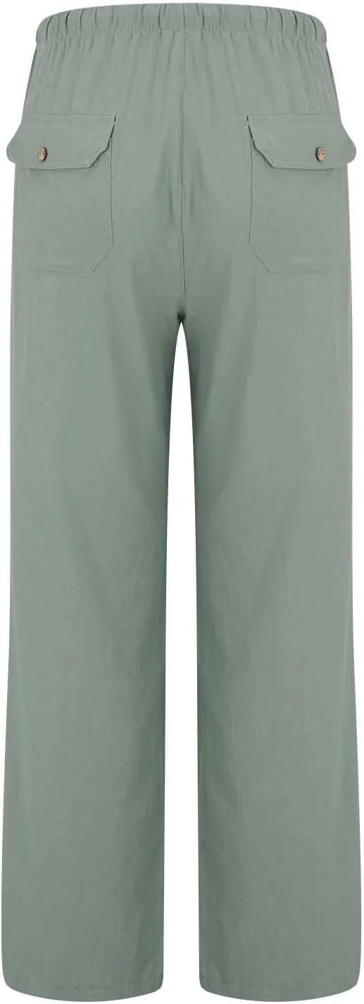 Trendy Outfits for Women 2025 Summer High Waisted Cotton Linen Palazzo Wide Leg Long Lounge Pant Trousers with Pockets