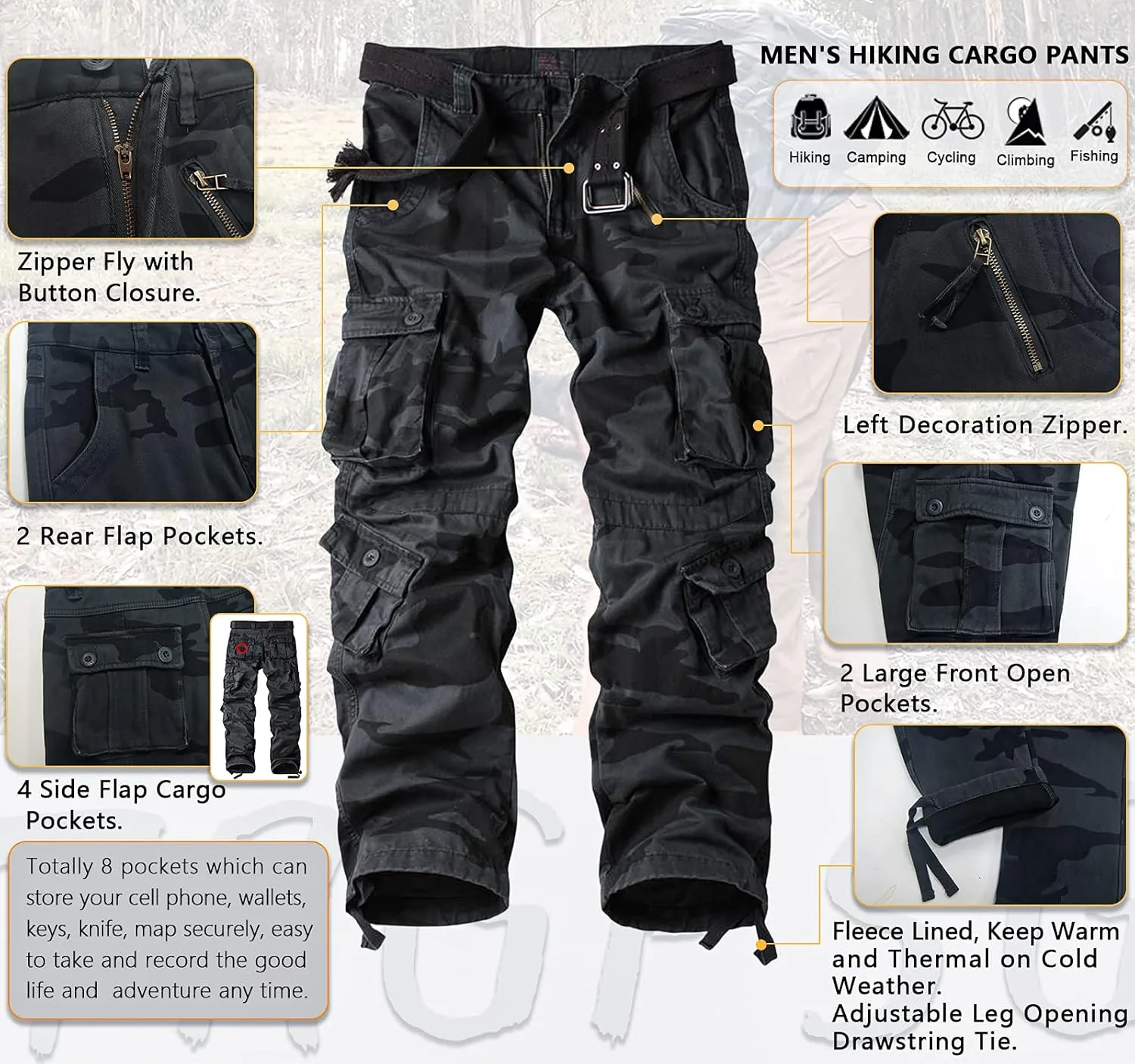 TRGPSG Men's Fleece Lined Hiking Pants, Winter Outdoor Cargo Pants, Work Ski Pants Casual Pants with 8 Pockets