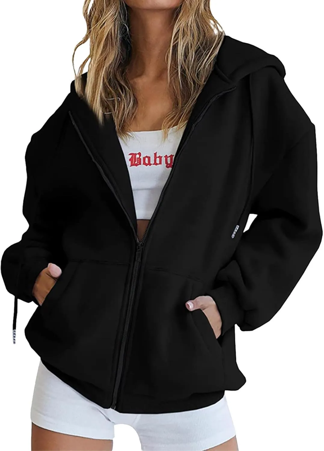 TUNUSKAT Womens Zip Up Hoodie Fall Oversized Sweatshirts Teen Girl Y2K Clothes Casual Drawstring Gym Jackets with Pockets