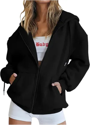 TUNUSKAT Womens Zip Up Hoodie Fall Oversized Sweatshirts Teen Girl Y2K Clothes Casual Drawstring Gym Jackets with Pockets