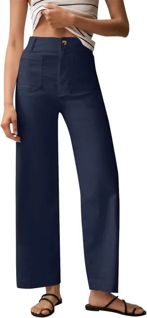 Twill Stretch Cropped Wide Leg Pants for Women Business Casual High Waist Chino Pants Office Work Ankle Jeans w/Pocket