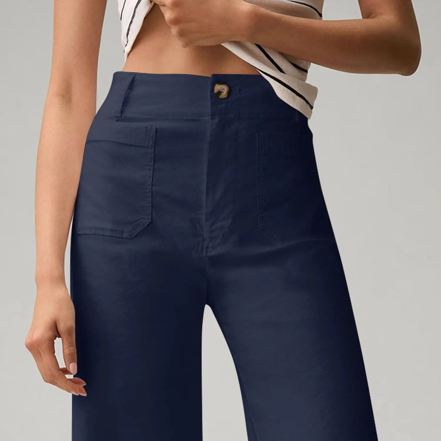 Twill Stretch Cropped Wide Leg Pants for Women Business Casual High Waist Chino Pants Office Work Ankle Jeans w/Pocket