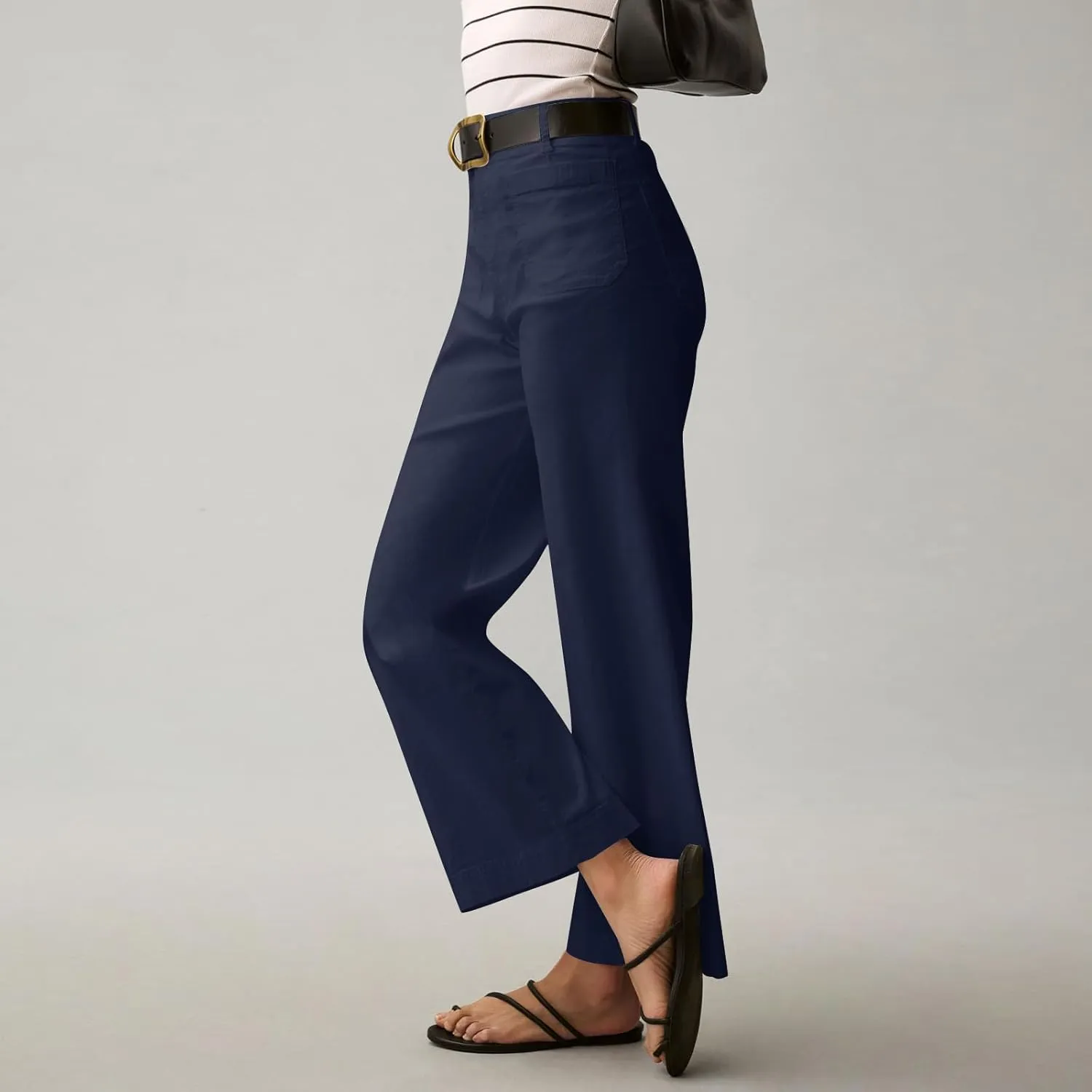 Twill Stretch Cropped Wide Leg Pants for Women Business Casual High Waist Chino Pants Office Work Ankle Jeans w/Pocket
