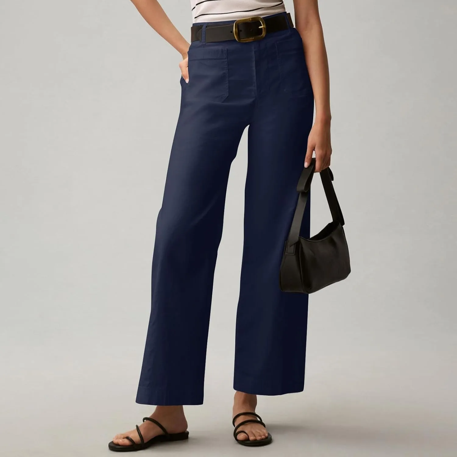 Twill Stretch Cropped Wide Leg Pants for Women Business Casual High Waist Chino Pants Office Work Ankle Jeans w/Pocket