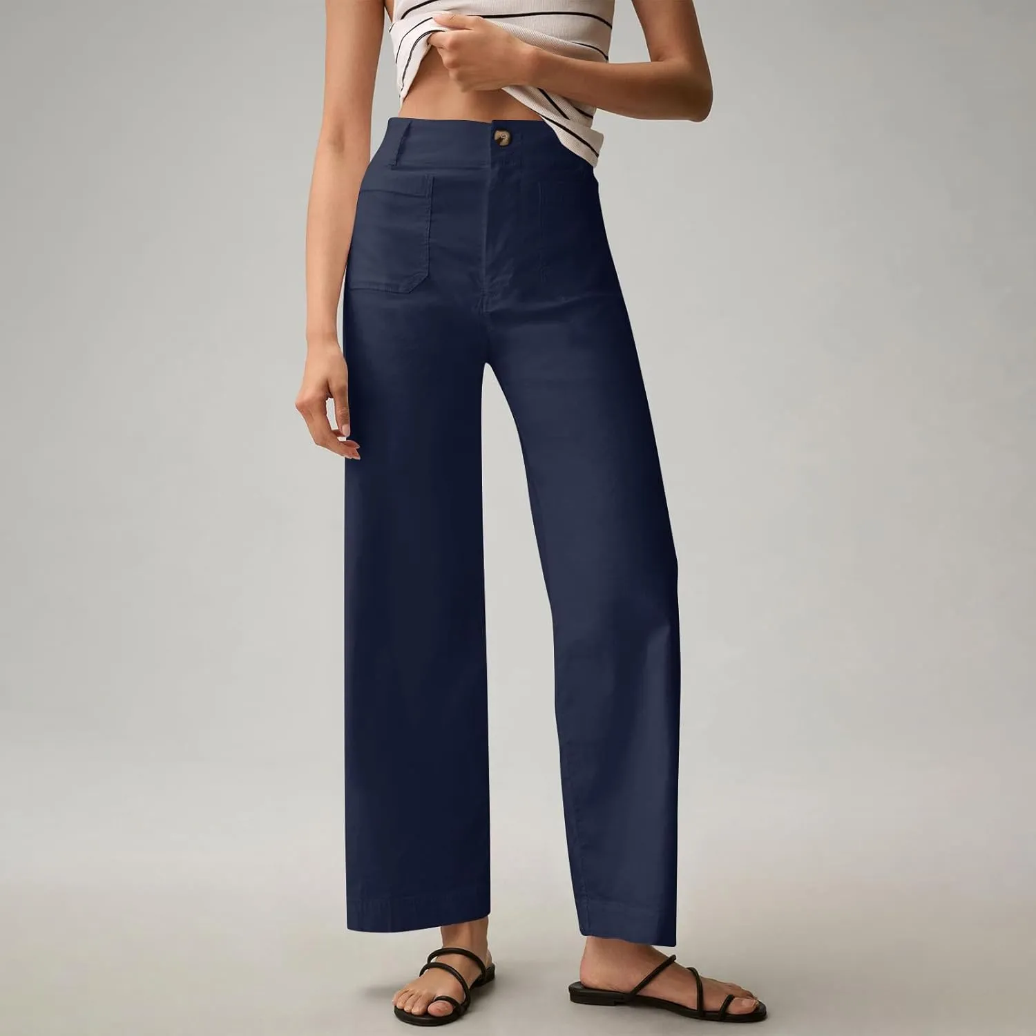 Twill Stretch Cropped Wide Leg Pants for Women Business Casual High Waist Chino Pants Office Work Ankle Jeans w/Pocket