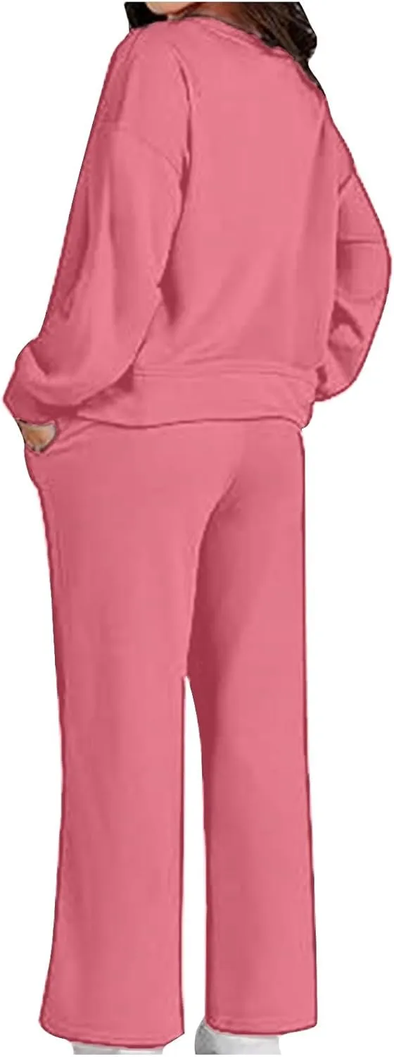 Two Piece Outfits For Women Sweatsuit Long Sleeve Sweatshirt And Wide Leg Sweatpant Lounge Set Matching Tracksuit