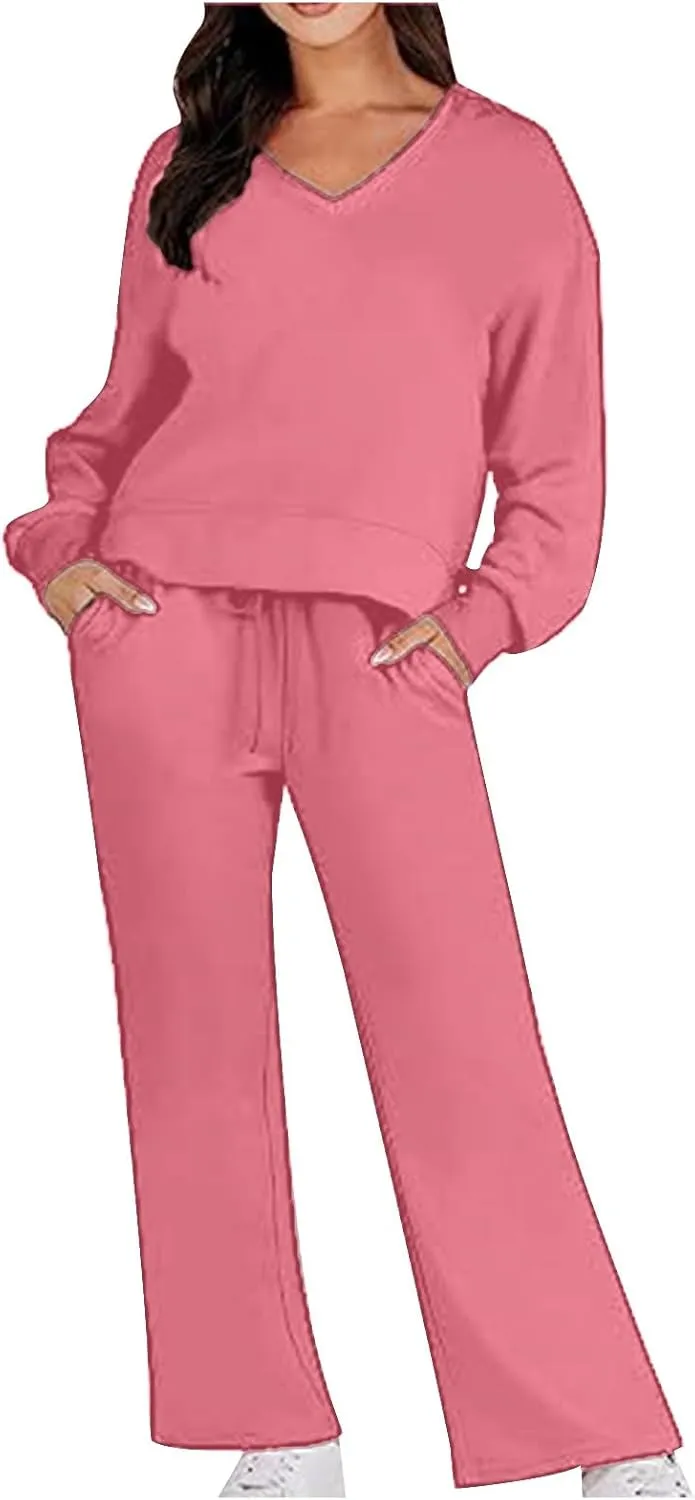 Two Piece Outfits For Women Sweatsuit Long Sleeve Sweatshirt And Wide Leg Sweatpant Lounge Set Matching Tracksuit