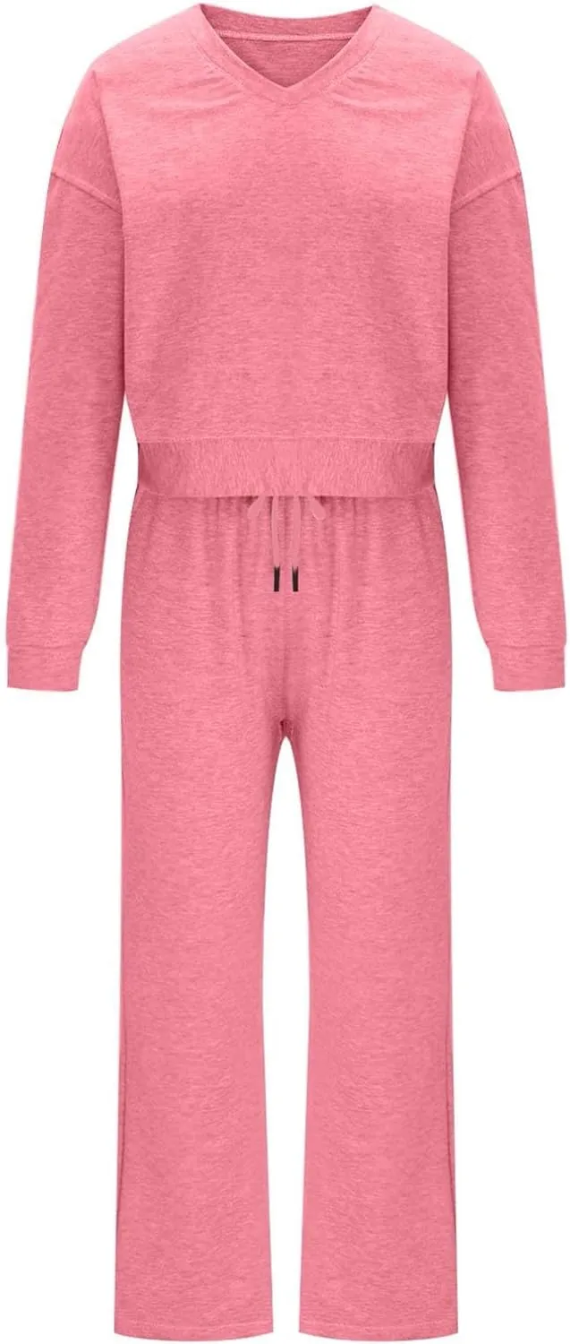 Two Piece Outfits For Women Sweatsuit Long Sleeve Sweatshirt And Wide Leg Sweatpant Lounge Set Matching Tracksuit