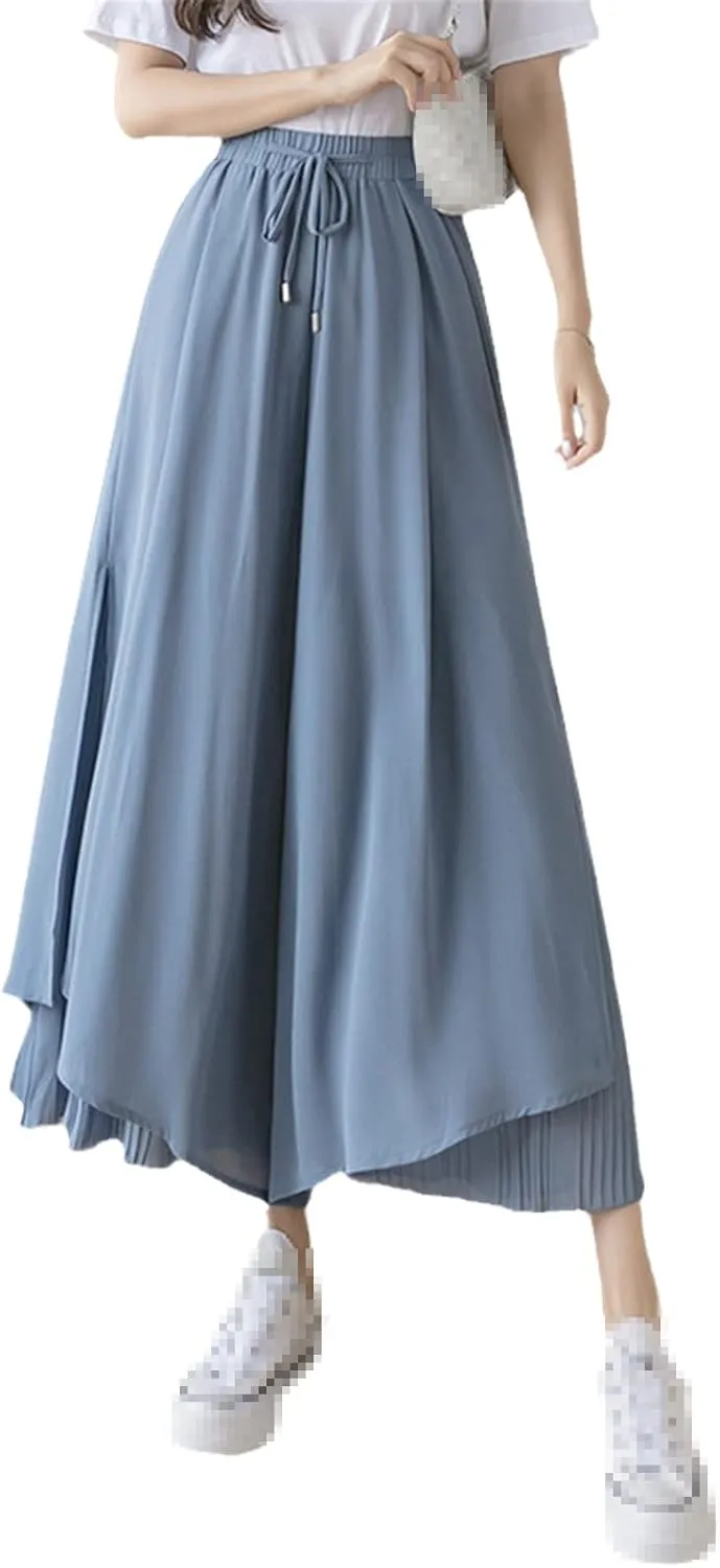 UIOKLMJH Summer Women Pleated Chiffon Wide Leg Pants Fashion Slim High Waist Ankle-Length Pants Skirt Trousers