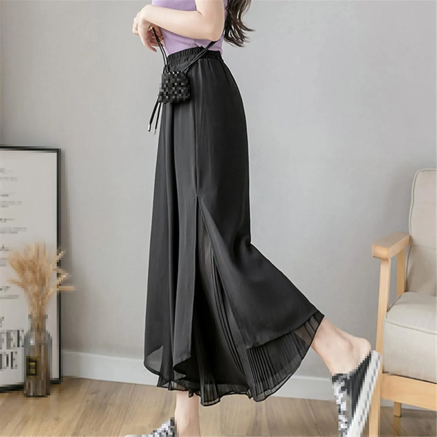 UIOKLMJH Summer Women Pleated Chiffon Wide Leg Pants Fashion Slim High Waist Ankle-Length Pants Skirt Trousers