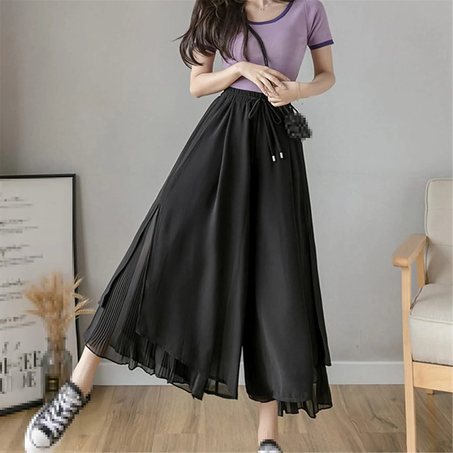 UIOKLMJH Summer Women Pleated Chiffon Wide Leg Pants Fashion Slim High Waist Ankle-Length Pants Skirt Trousers