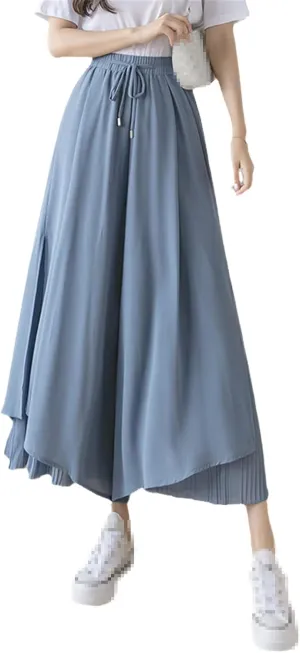 UIOKLMJH Summer Women Pleated Chiffon Wide Leg Pants Fashion Slim High Waist Ankle-Length Pants Skirt Trousers
