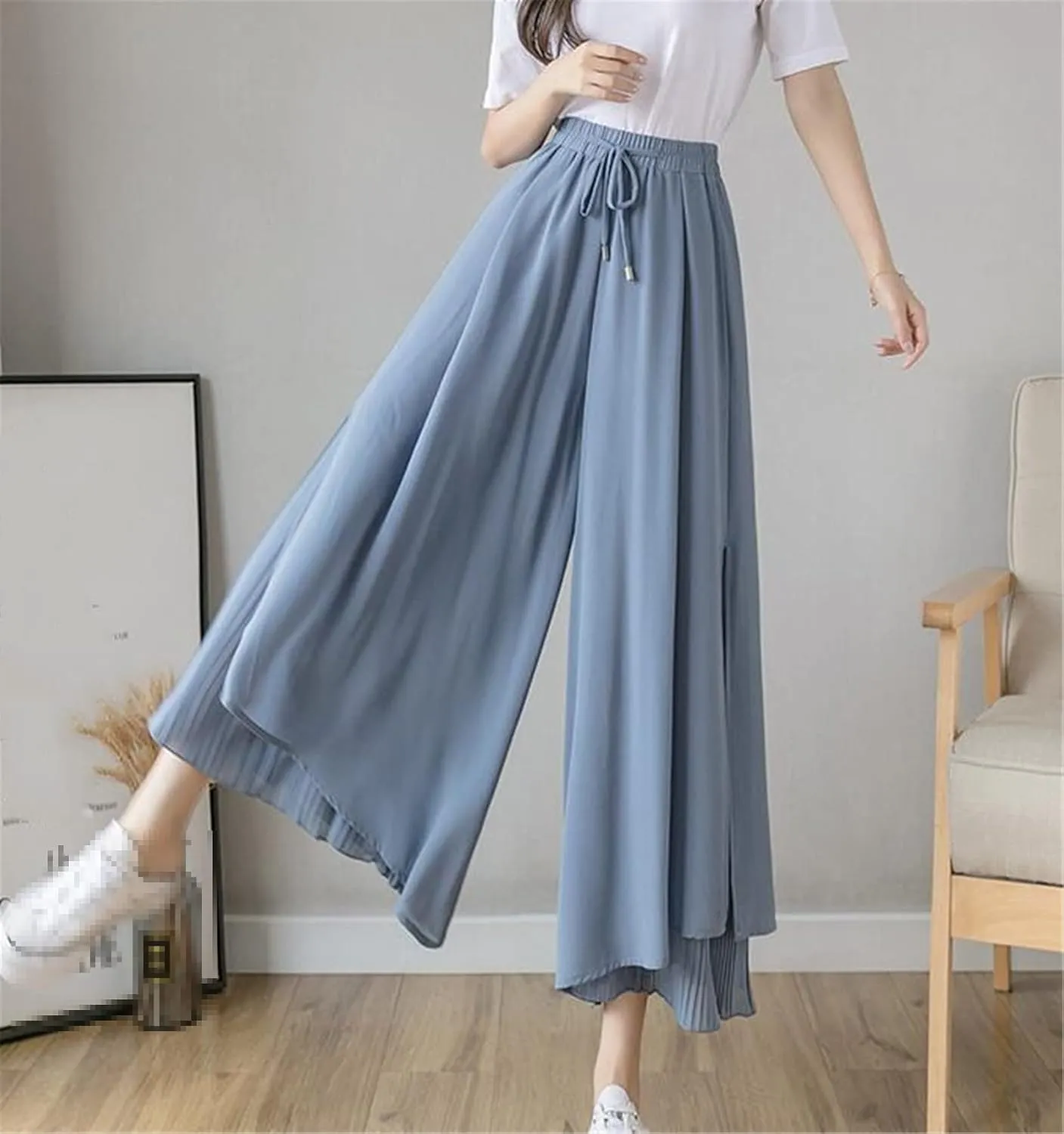 UIOKLMJH Summer Women Pleated Chiffon Wide Leg Pants Fashion Slim High Waist Ankle-Length Pants Skirt Trousers
