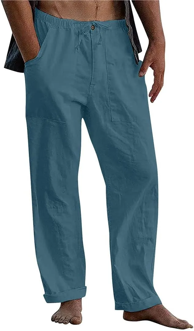 utcoco Men's Cotton Linen Beach Pants Loose Casual Drawstring Wasit Slacks with Pocket
