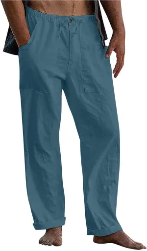 utcoco Men's Cotton Linen Beach Pants Loose Casual Drawstring Wasit Slacks with Pocket