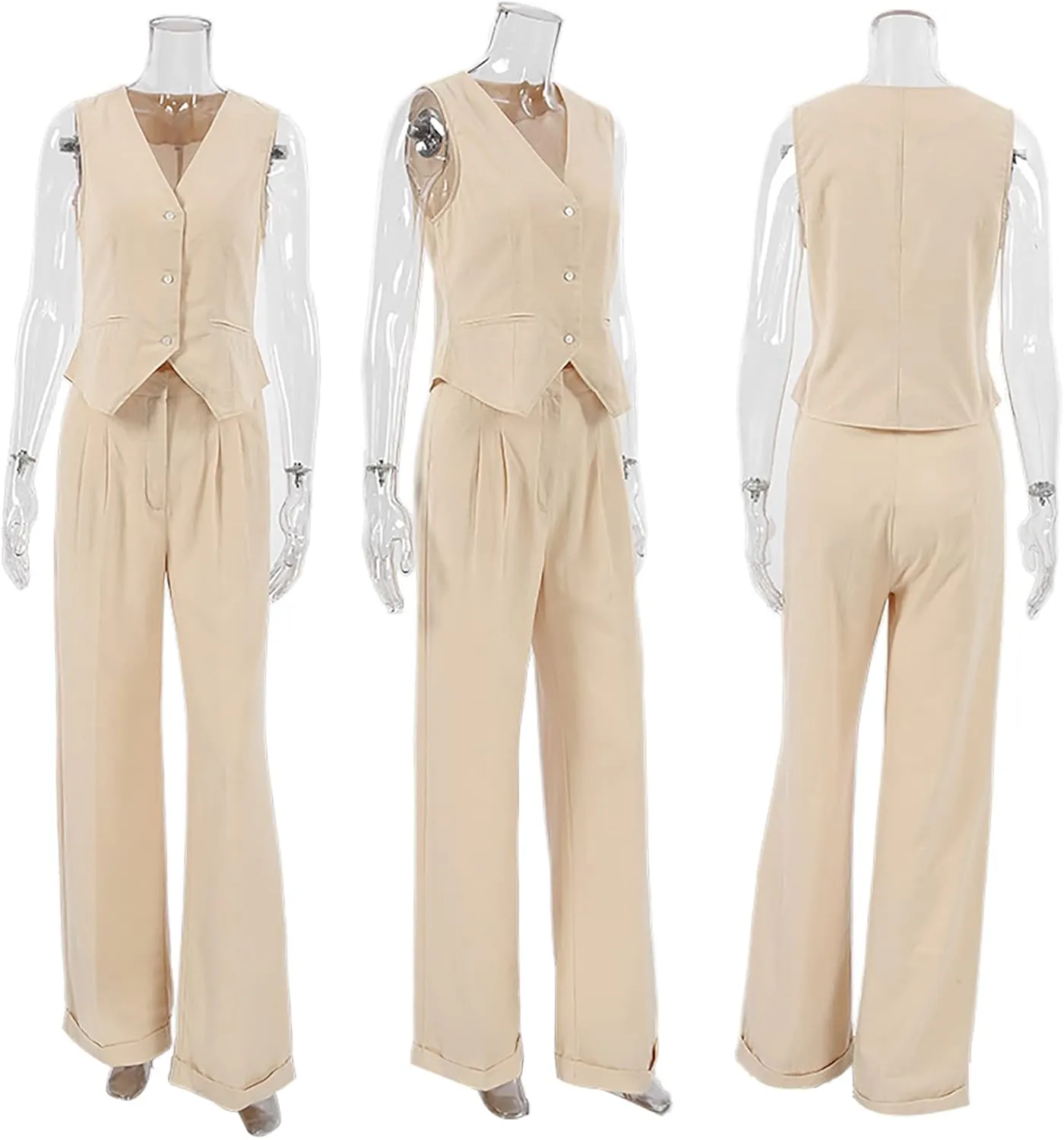 Vaceky Blazer Vest Slacks Women 2 Piece Outfit Breathable Lightweight Pant Suits
