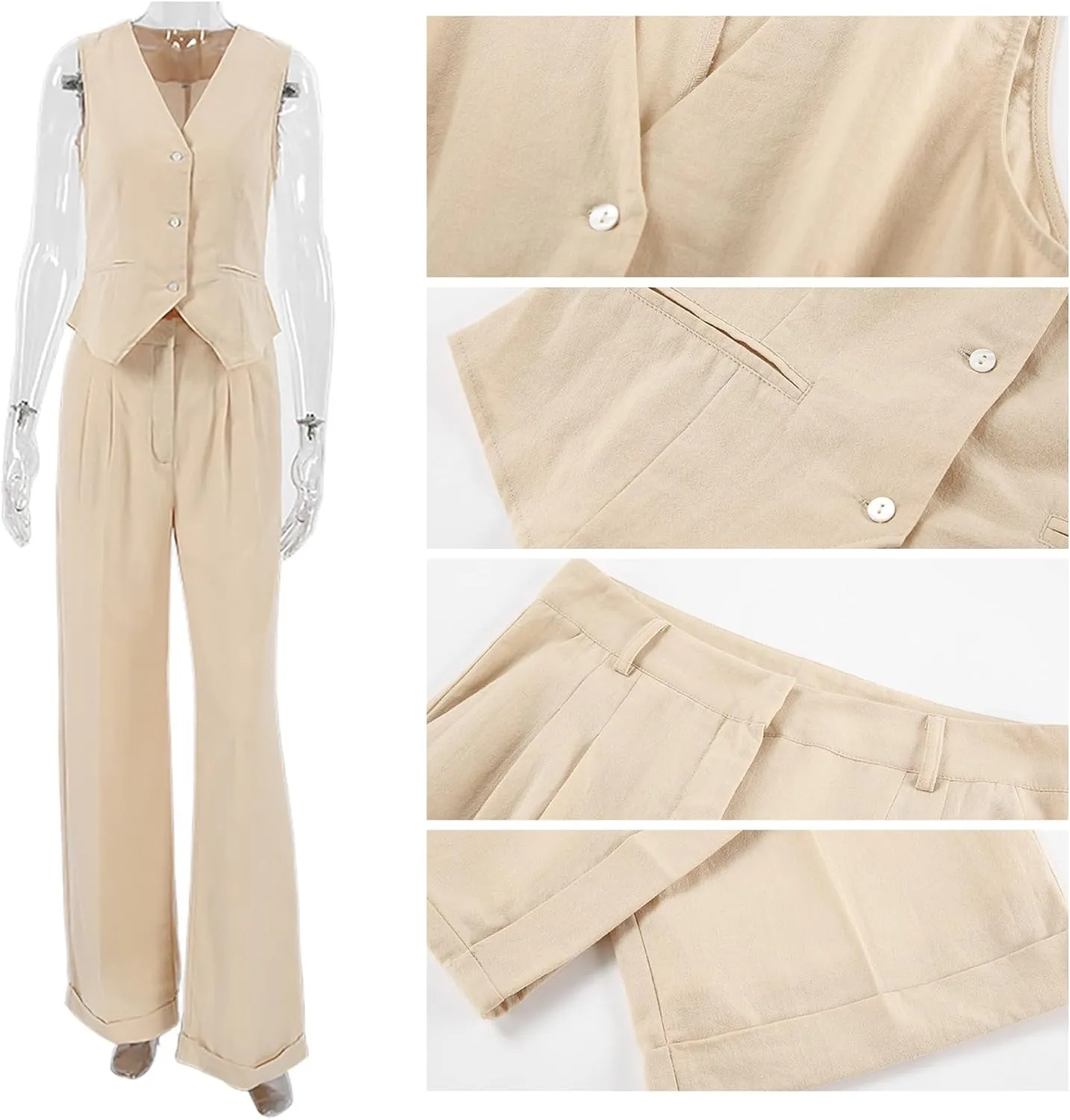 Vaceky Blazer Vest Slacks Women 2 Piece Outfit Breathable Lightweight Pant Suits